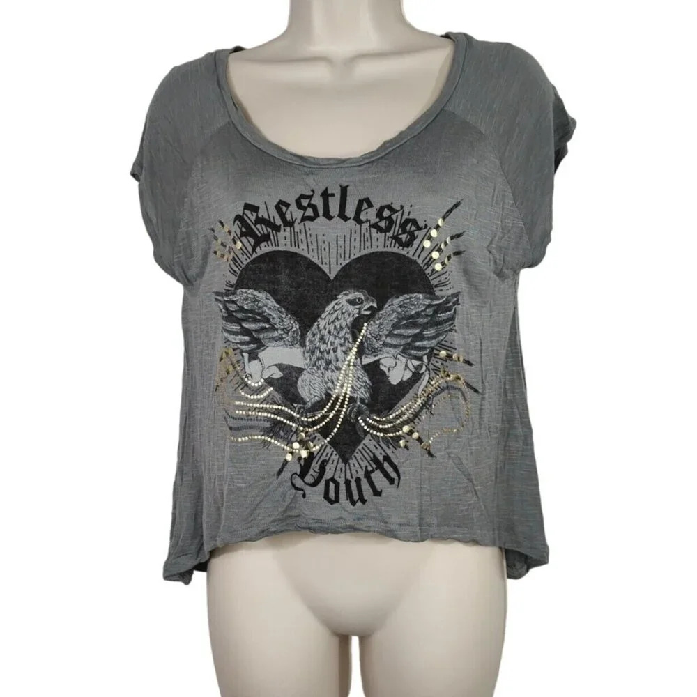 Freeze Grey Graphic T-Shirt Sheer Loose Fit Women Size L short Sleeve Scoop Neck